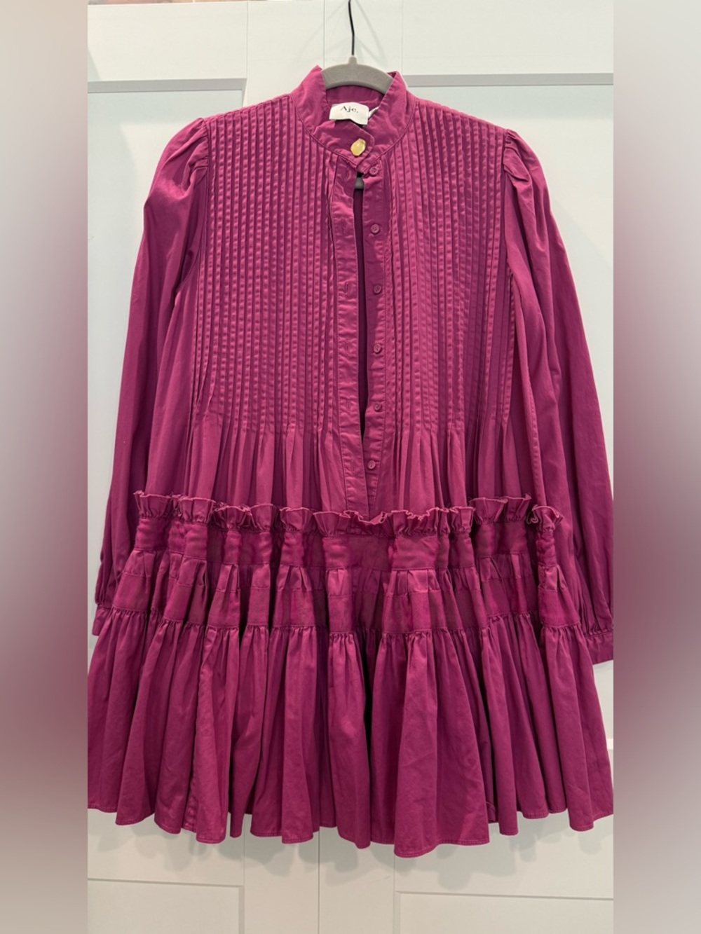 Aje Magenta Pintuck Tiered Mini Dress